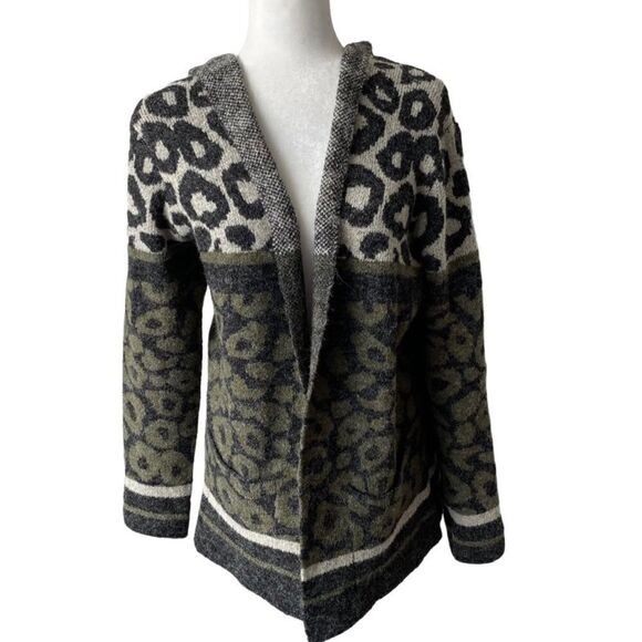 Joseph A. Leopard Open Front Long Cardigan Green Black Chunky Sweater SZ S - Picture 1 of 11
